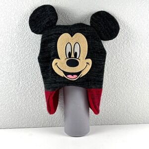 Disney Mickey Mouse Beanie Kids 2T-5T Black Red Trapper Hat with Ears